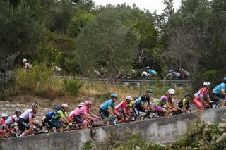 CAMIGLIATELLO SILANO ITALY OCTOBER 07 Martijn Tusveld of The Netherlands and Team Sunweb Lorenzo Rota of Italy and Team Vini Zabu KTM Joao Almeida of Portugal and Team Deceuninck QuickStep Pink Leader Jersey Rodrigo Contreras of Colombia and Astana Pro Team Pawel Poljanski of Poland and Team Bora Hansgrohe Simon Yates of The United Kingdom and Team Mitchelton Scott Giovanni Lonardi of Italy and Team Bardiani CSF Faizane Peloton Landscape during the 103rd Giro dItalia 2020 Stage 5 a 225km stage from Mileto to Camigliatello Silano 1275m girodiitalia Giro on October 07 2020 in Camigliatello Silano Italy Photo by Tim de WaeleGetty Images