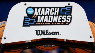 A close-up of March Madness basketballs