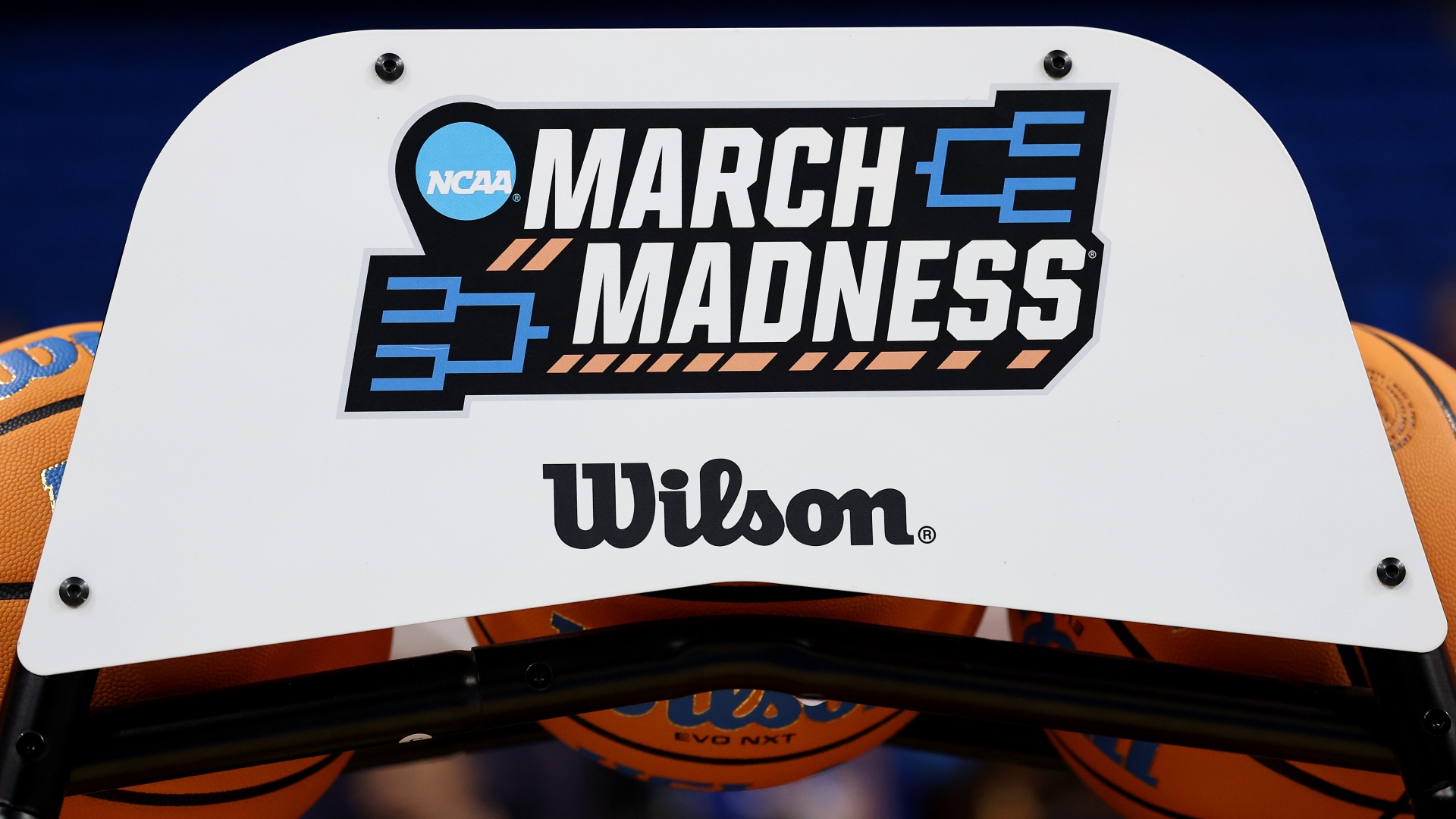 A close-up of March Madness basketballs