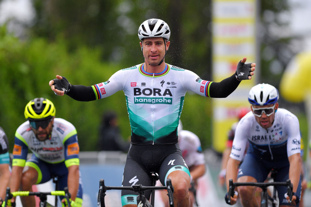 MARTIGNY SWITZERLAND APRIL 28 Peter Sagan of Slovakia and Team Bora Hansgrohe celebrates during the 74th Tour De Romandie 2021 Stage 1 a 1681km stage from Aigle to Martigny TDR2021 TDRnonstop UCIworldtour on April 28 2021 in Martigny Switzerland Photo by Luc ClaessenGetty Images