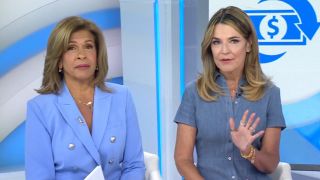 From left to right: Hoda Kotb looking into the camera and Savannah Guthrie talking while raising her right hand.