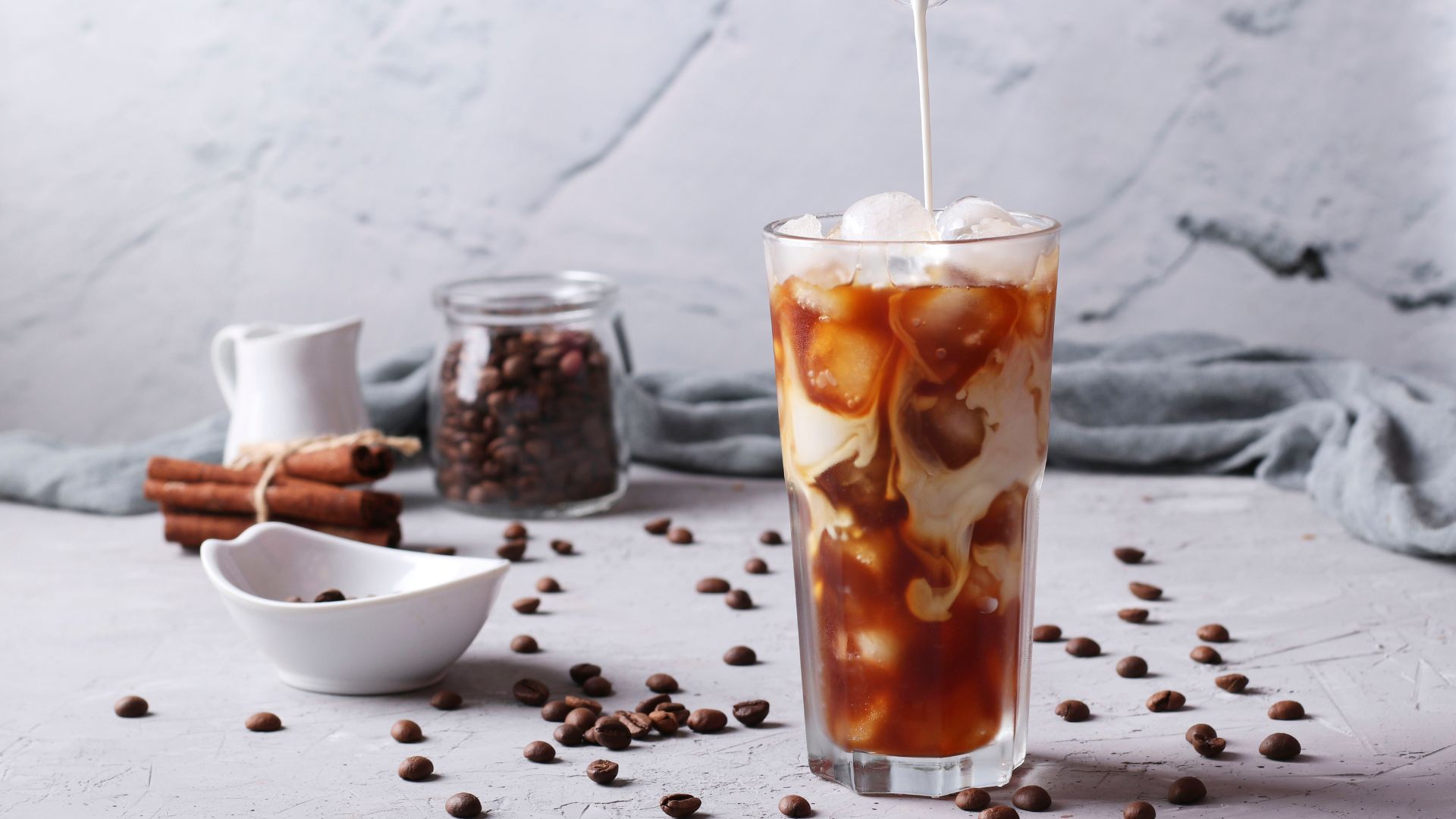 Iced coffee on a marble counter