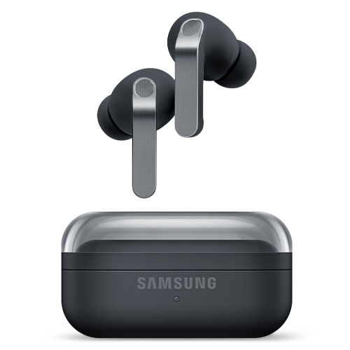 Samsung Galaxy Buds 4 Pro render in black showing earbuds hovering over the case