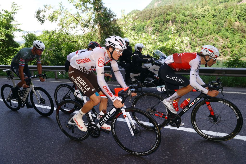 LAVARONE ITALY MAY 25 LR Mathieu Van Der Poel of Netherlands and Team Alpecin Fenix Alessandro Covi of Italy and UAE Team Emirates Felix Gall of Austria and AG2R Citroen Team and Guillaume Martin of France and Team Cofidis compete in the breakaway during the 105th Giro dItalia 2022 Stage 17 a 168 km stage from Ponte di Legno to Lavarone 1161m Giro WorldTour on May 25 2022 in Lavarone Italy Photo by Michael SteeleGetty Images