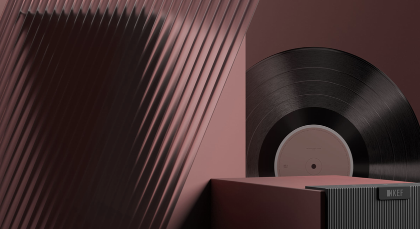 KEF teaser image showing the top of a speaker and a vinyl record