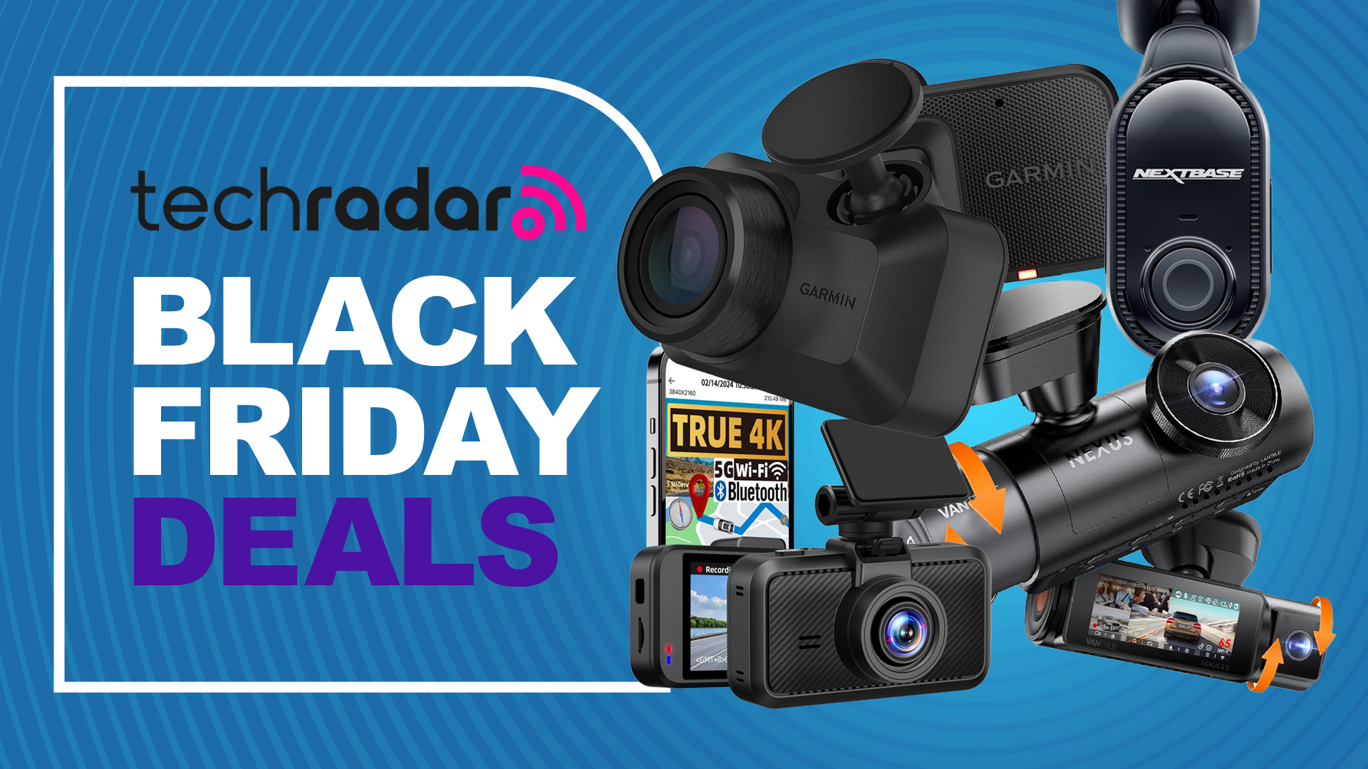 Garmin, Miofive, Nextbase and Vantrue dash cams on a blue background with Black Friday deals text overlay