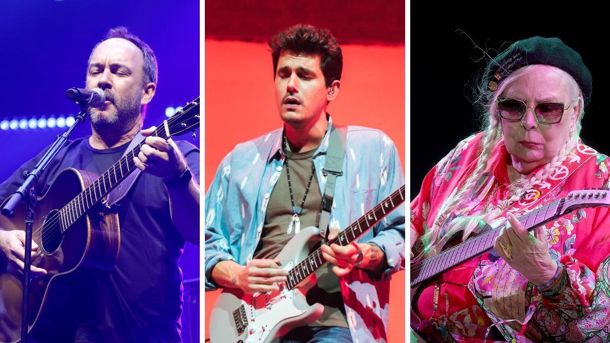 Center-John Mayer performs on stage at The O2 Arena on October 13, 2019 in London, England; Right-Joni Mitchell performs in concert during &quot;Joni Jam&quot; honoring her at Gorge Amphitheatre on June 10, 2023 in George, Washington; Left-Dave Matthews performs during the Soulshine Benefit Concert at Madison Square Garden on November 24, 2024 in New York City