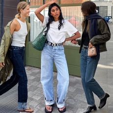 style collage of three European fashion influencers wearing outfits with basic tops and cuffed jeans