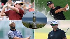 The Claret Jug in the middle with four golfers around it