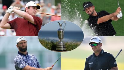 The Claret Jug in the middle with four golfers around it