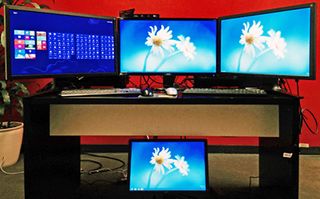 …when I moved to three 4K monitors - two Viewsonic VP2780 (left and right) and an Acer XB280HK (center) - but it eventually worked out. The fourth monitor (bottom) is a Dell P1913 display I was using to make sure the Gigabyte card’s DVI ports were working