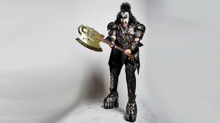 Gene Simmons with one of his ubiquitous custom GS Axe basses