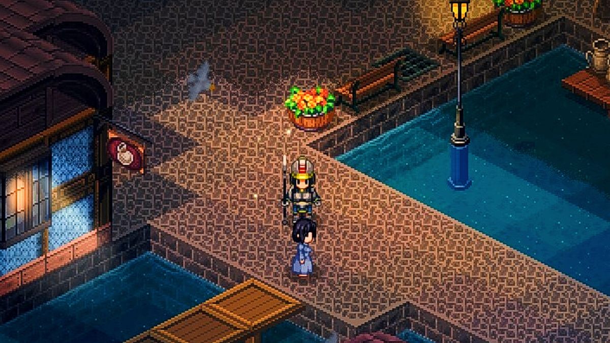 Two characters talk on a bridge at night in pixel JRPG Elin