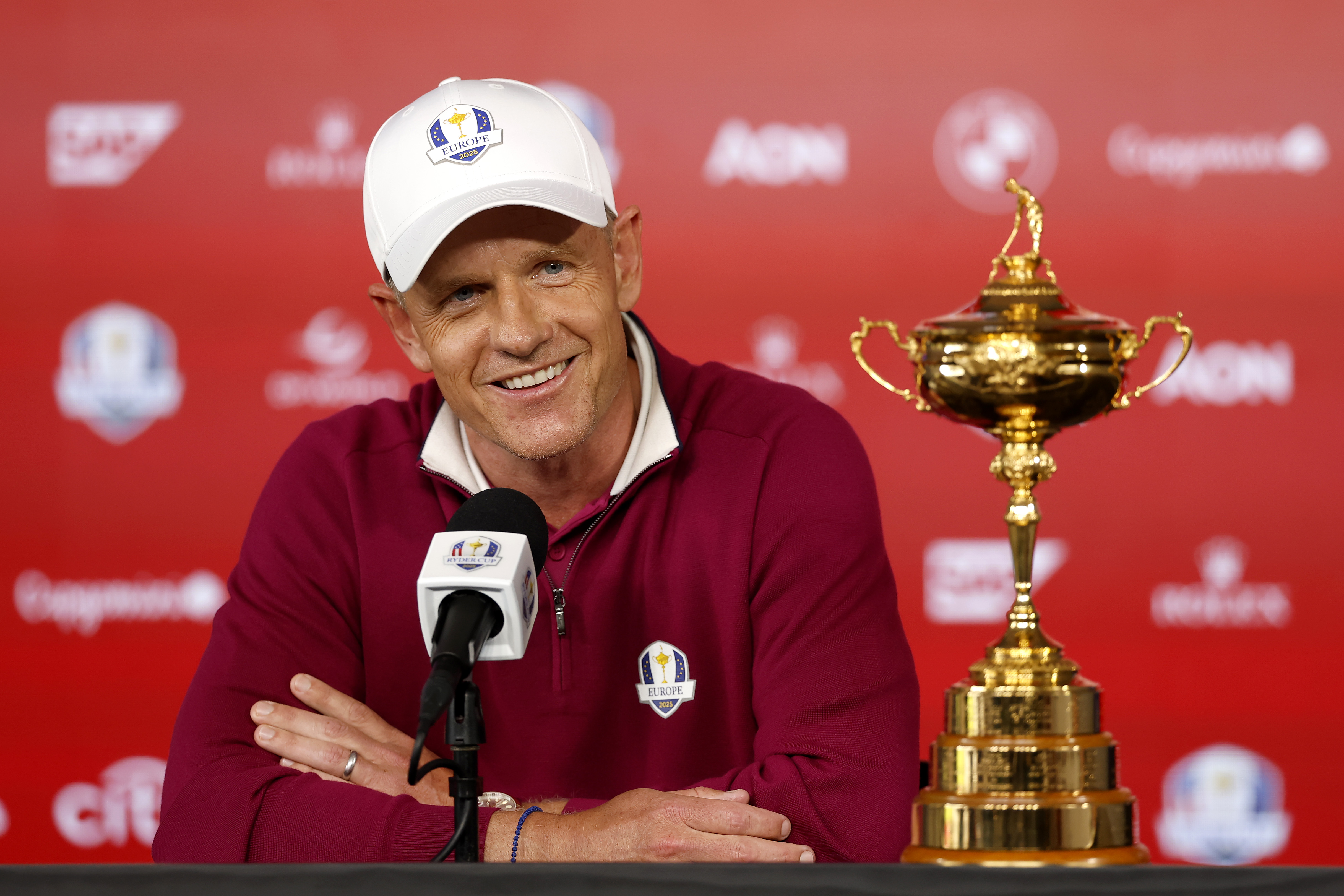 Luke Donald poses in front of the Ryder Cup