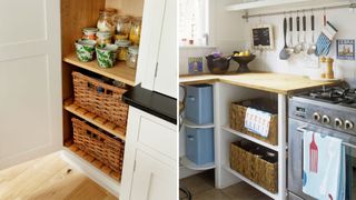 Collage of two kitchen cabinets with wicker storage baskets to highlight an effective way to organise kitchen cupboards