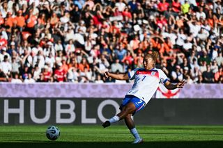 Lauren James shoots to score the third goal of the match during the UEFA Women's Euro 2025 Group D football match between England and The Netherlands at the Letzigrund Stadium in Zurich, on July 9 2025.