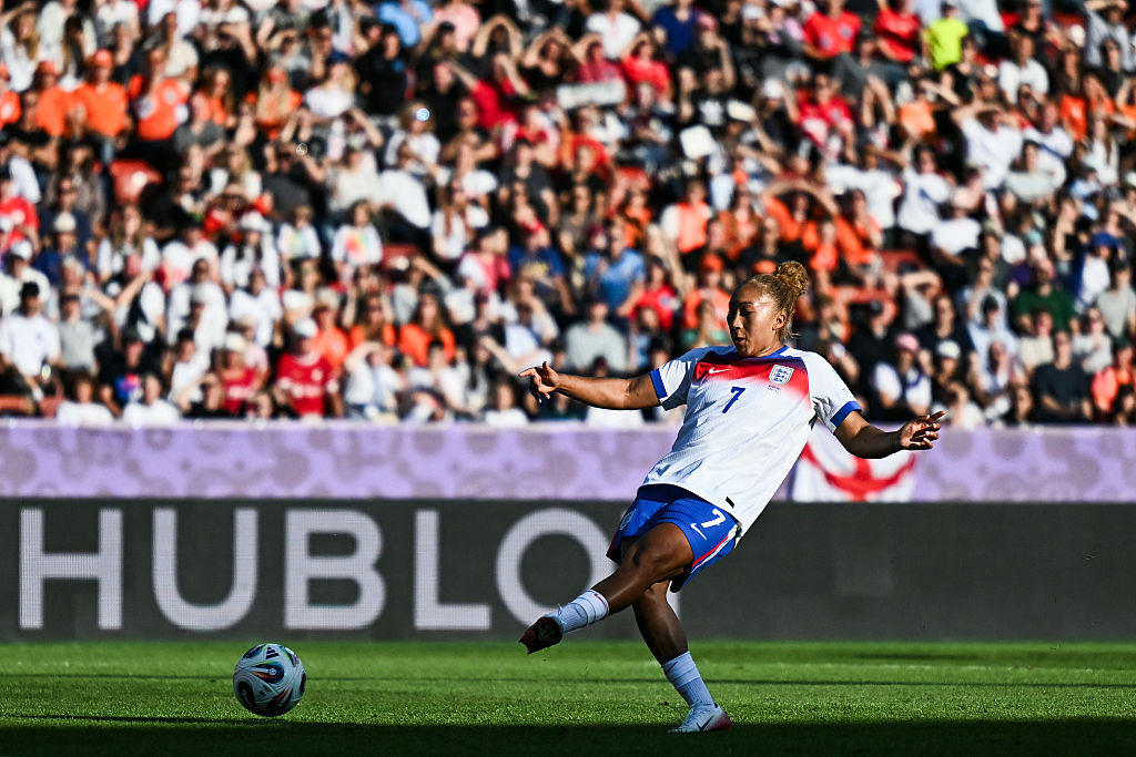 Lauren James shoots to score the third goal of the match during the UEFA Women&#039;s Euro 2025 Group D football match between England and The Netherlands at the Letzigrund Stadium in Zurich, on July 9 2025.