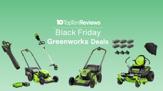 Black Friday Greenworks lawn mower deals on green background