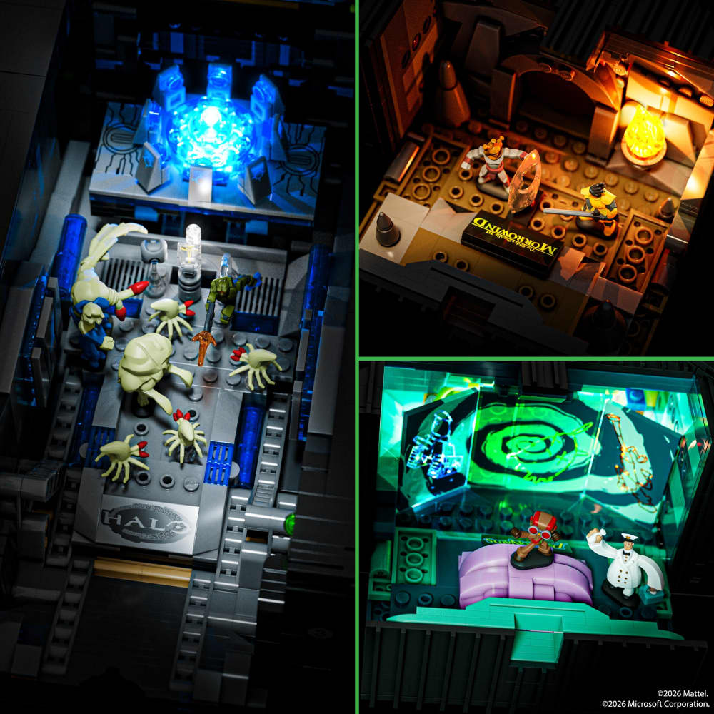 The three interior dioramas within the Mattel Brick Shop Xbox, divided by green lines