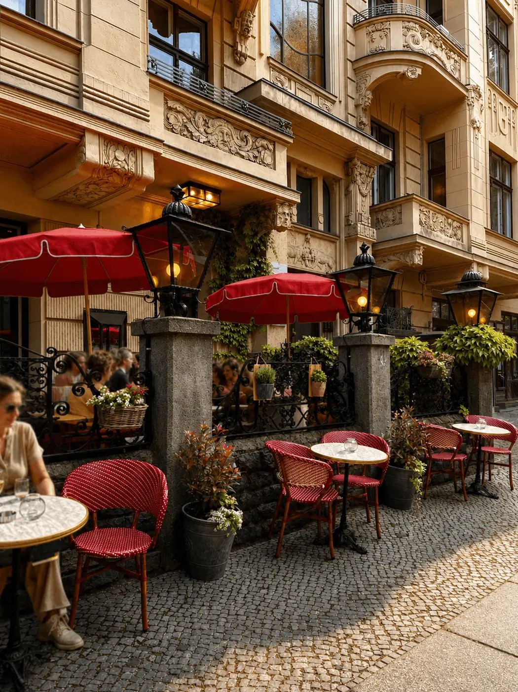 The outdoor patio area of a restaurant sited inside an ornate, honey-colored building, with red bistro chairs, round marble-topped tables, and red parasols.