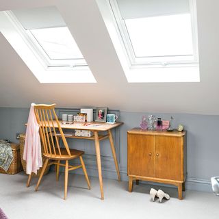 Two rooflights in a grey bedroom above a dressing table