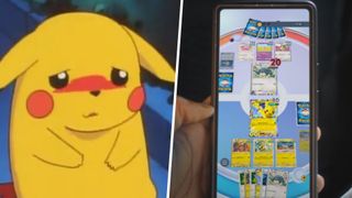 Pikachu looks embarrassed next to a phone displaying the Pokemon cards