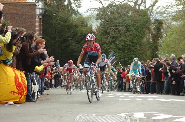 Andy Schleck (Saxo Bank) at the front on the Mur de Huy lap two.