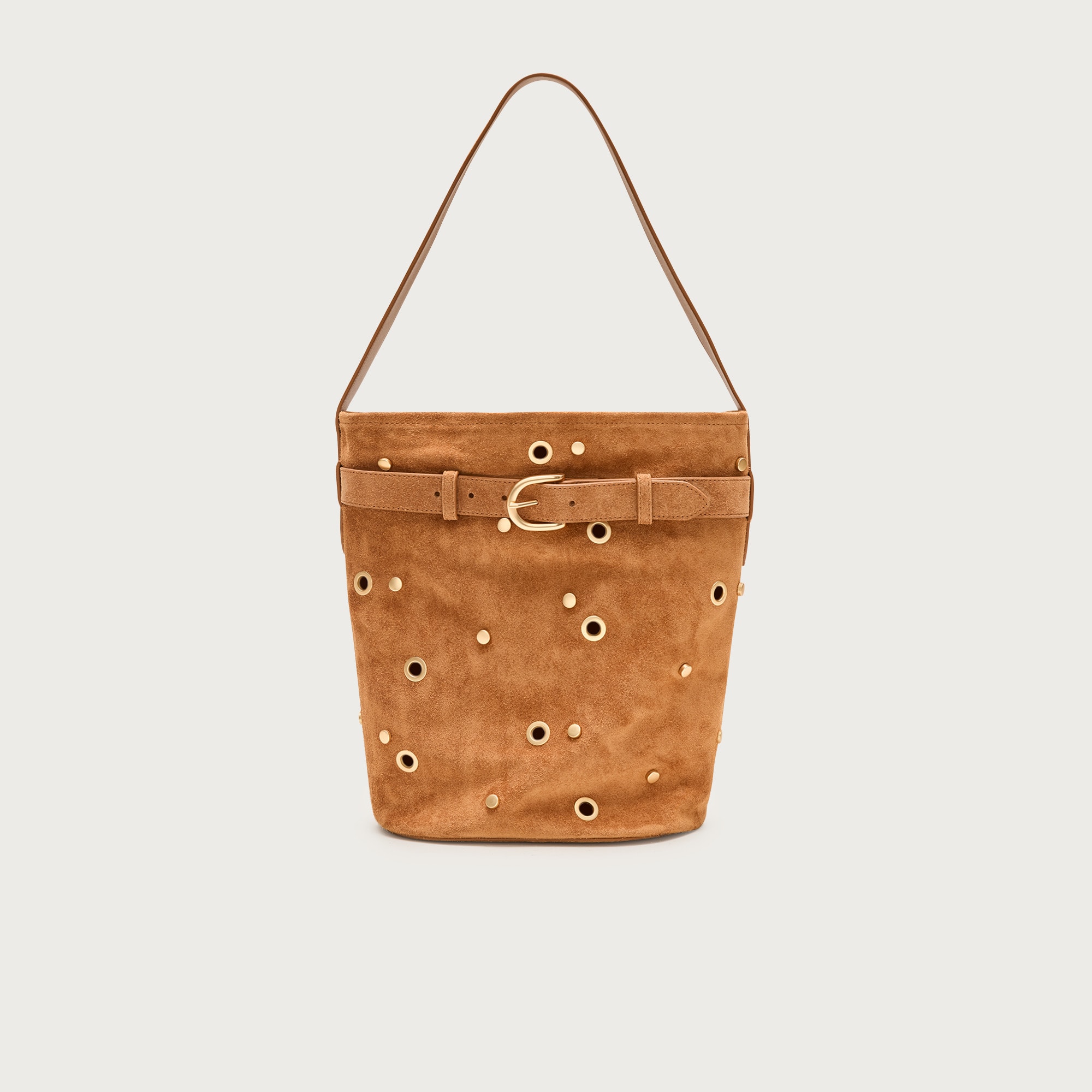 Berkeley Belted Bucket Bag in Studded Suede