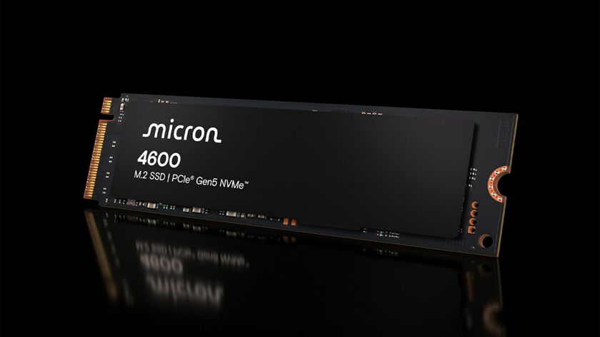 Micron 4600 SSD pictured against a black backdrop.