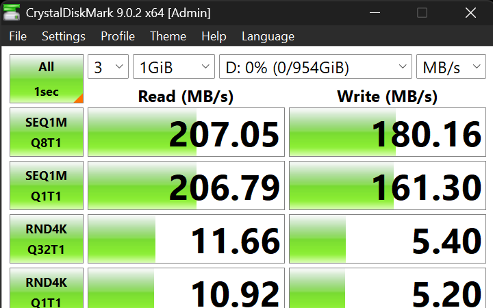 Sandisk Xbox Ally MicroSD card crystalDisk results, showing 207 MB read and 180 MB write.
