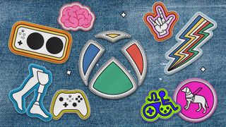 Image mockup of enamel pins on a denim background depicting various disabilities and aides, including a prosthetic leg, service dog, and gaming controllers alongside the Xbox logo.