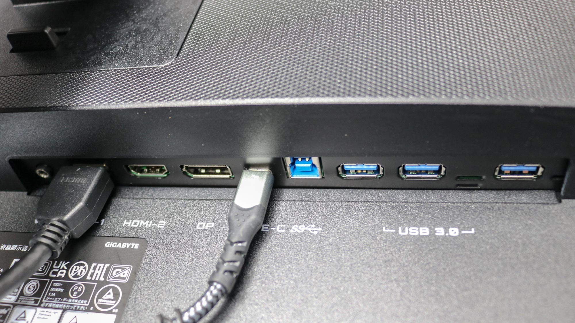 The ports on the back of the Gigabyte M28U gaming monitor