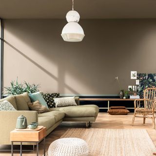 An open plan living room with a corner sofa, brown walls and a white pendant light