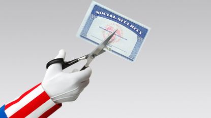 Uncle Sam's hand using scissors to cut a Social Security card.