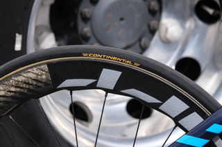 Detail of Gorka Izagirre's Zipp wheel with Conti tubular tyre at the 2022 TdF