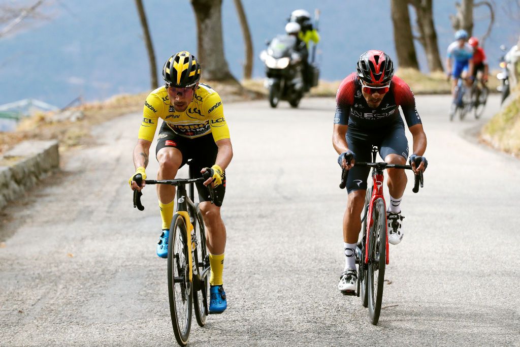 COL DE TURINI FRANCE MARCH 12 LR Primoz Roglic of Slovenia and Team Jumbo Visma yellow leader jersey and Daniel Felipe Martinez Poveda of Colombia and Team INEOS Grenadiers compete in the breakaway during the 80th Paris Nice 2022 Stage 7 a 1555km stage from Nice to Col de Turini 1605m ParisNice WorldTour on March 12 2022 in Col de Turini France Photo by Bas CzerwinskiGetty Images