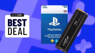 The Crucial T500 SSD next to a PSN voucher on top of a blue gamesradar background