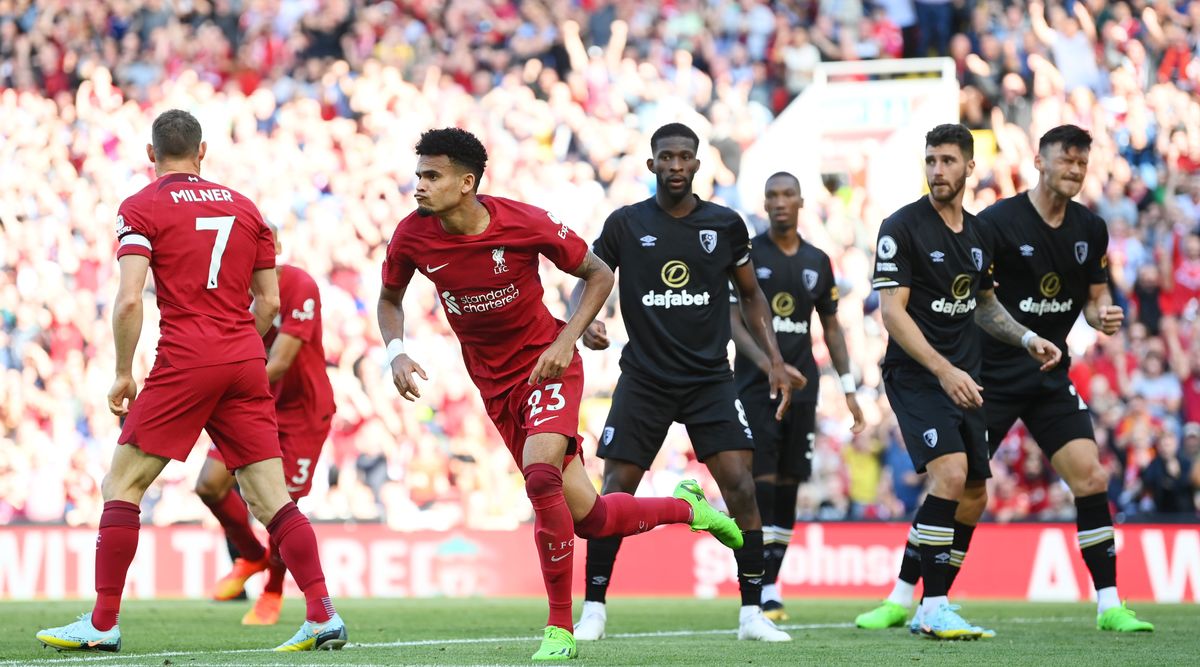 Luis Diaz of Liverpool celebrates after scoring their team&#039;s ninth goal during the Premier League match between Liverpool FC and AFC Bournemouth at Anfield on August 27, 2022 in Liverpool, England.