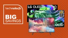 LG, Samsung and Amazon Fire TV on an orange background next to TechRadar big savings badge