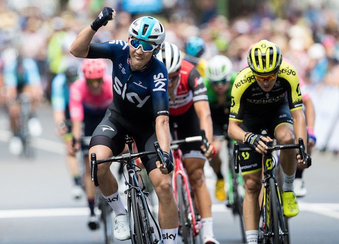 Team Sky's Kristoffer Halvorsen celebrates winning the final stage of the 2019 Jayco Herald Sun Tour