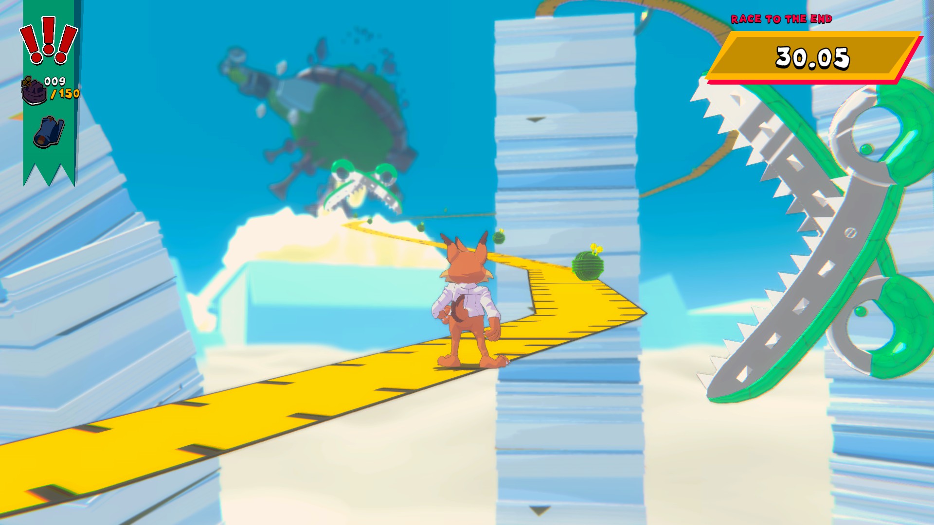 Bubsy stands on a yellow path suspended in the air