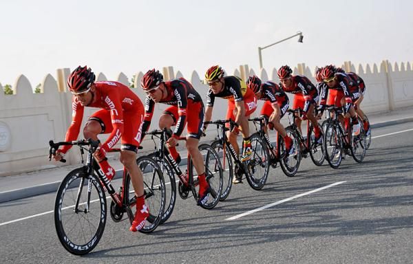 BMC in an echelon formation during the team time trial.