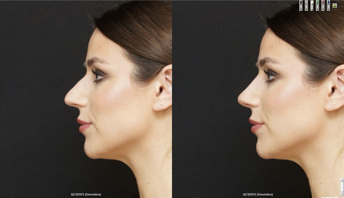 a simulated nose before and after rhinoplasty surgery with two photos of a white woman side by side