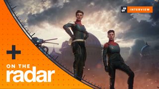 The Outer Worlds 2 screenshot showing two Earth Directorate agents standing proudly during a promotional video for the organization. The image is surrounded by GamesRadar+'s On the Radar interview banner