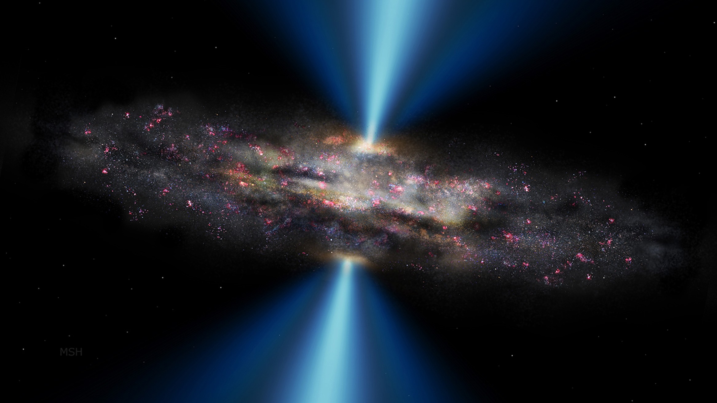An illustration of a black hole devouring a galaxy