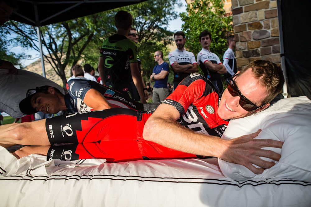 Brent Bookwalter (BMC) tests out the pillows that were given to the riders.