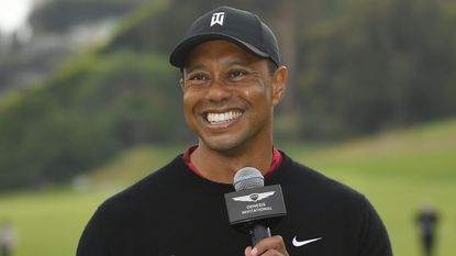 Tiger Woods smiles during interview at the Genesis Invitational