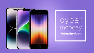 iPhone SE 2022, iPhone 14, iPhone 14 Pro on purple background with Cyber Monday deals text overlay