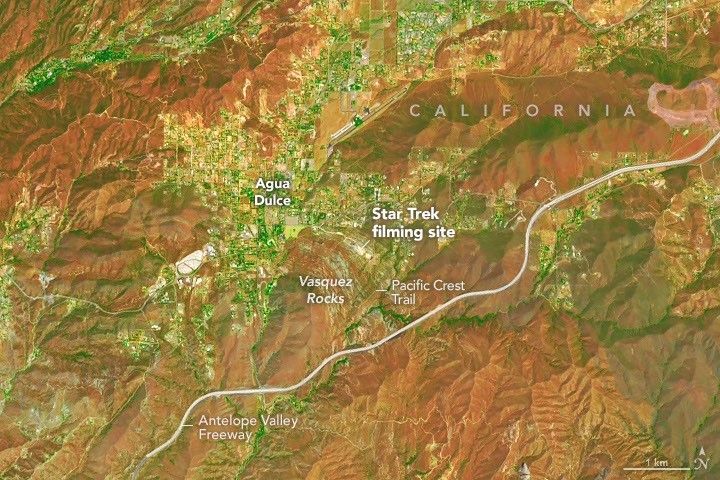 A satellite view of Vasquez Rocks. A label shows where the Star Trek filming site is located.