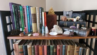 A series of books on shelves, surrounded by rocks and gems